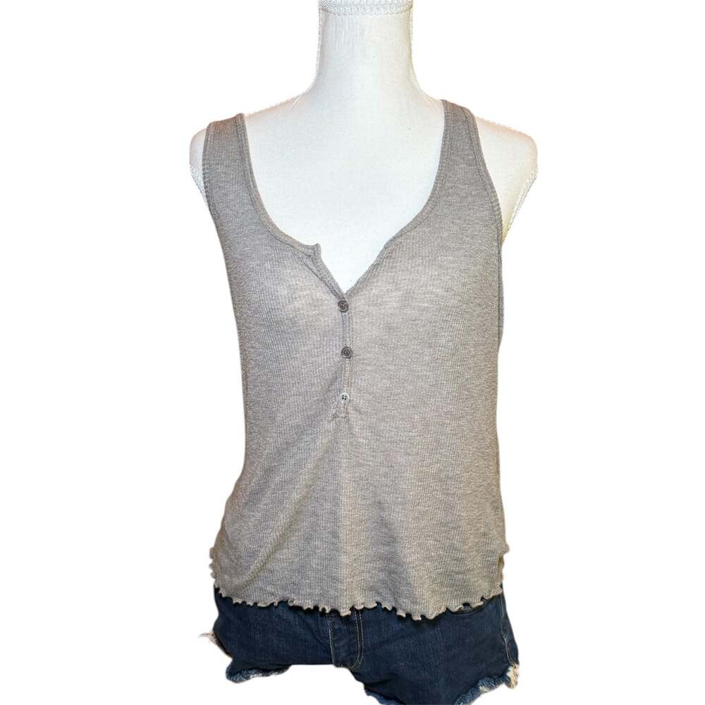 Truly Madly Deeply Gray Ribbed Henley Tank Top Womens L Lettuce Hem Y2K Casual